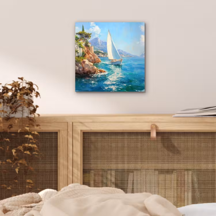 Aluminium schilderij - Zeilboot - Rotsen - Kust - Huizen — 4