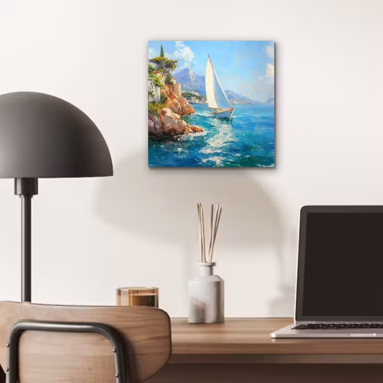 Aluminium schilderij - Zeilboot - Rotsen - Kust - Huizen — 6