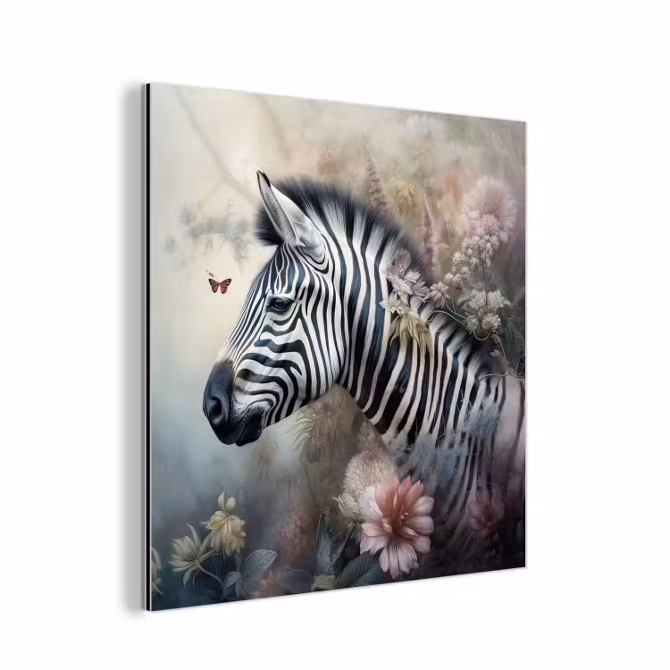 Aluminium schilderij - Zebra - Wilde dieren - Vlinder - Bloemen — 1