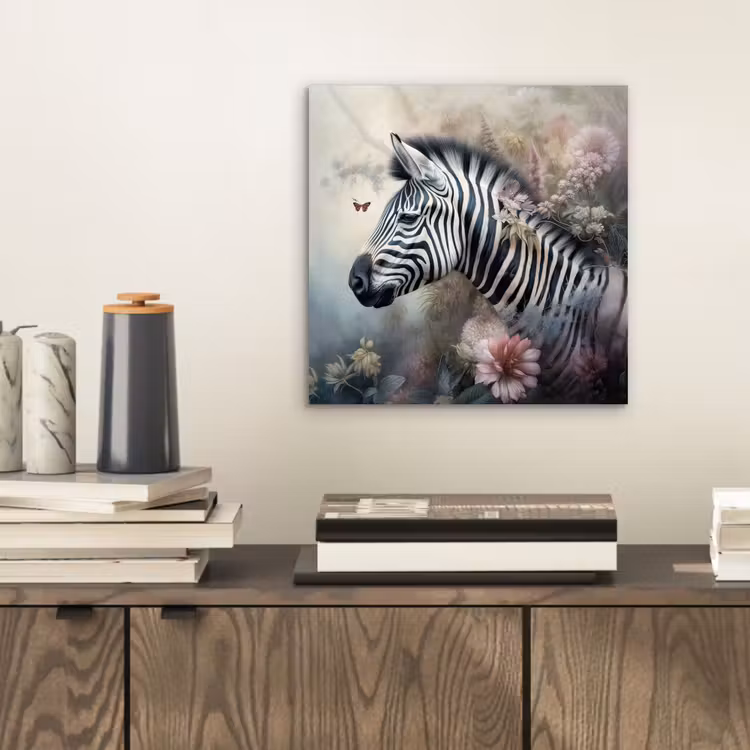 Aluminium schilderij - Zebra - Wilde dieren - Vlinder - Bloemen — 2