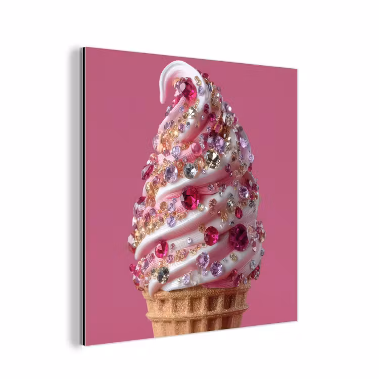 Aluminium schilderij - Softijs - Edelstenen - Roze - Hoorntje — 1
