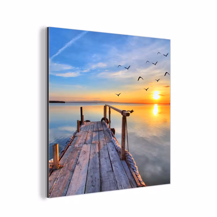 Aluminium schilderij - Water - Steiger - Vogels - Zonsondergang - Horizon — 1