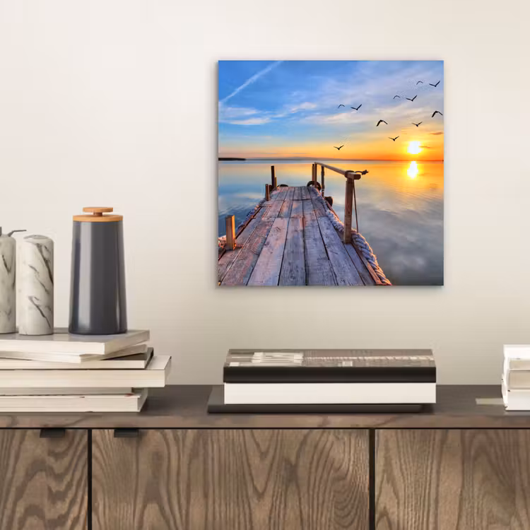 Aluminium schilderij - Water - Steiger - Vogels - Zonsondergang - Horizon — 2