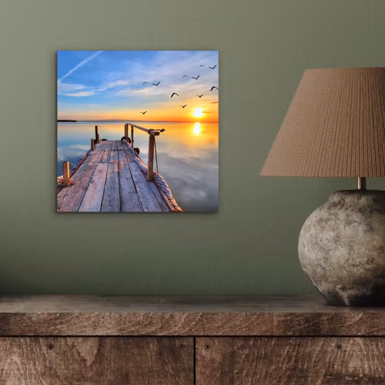 Aluminium schilderij - Water - Steiger - Vogels - Zonsondergang - Horizon — 3
