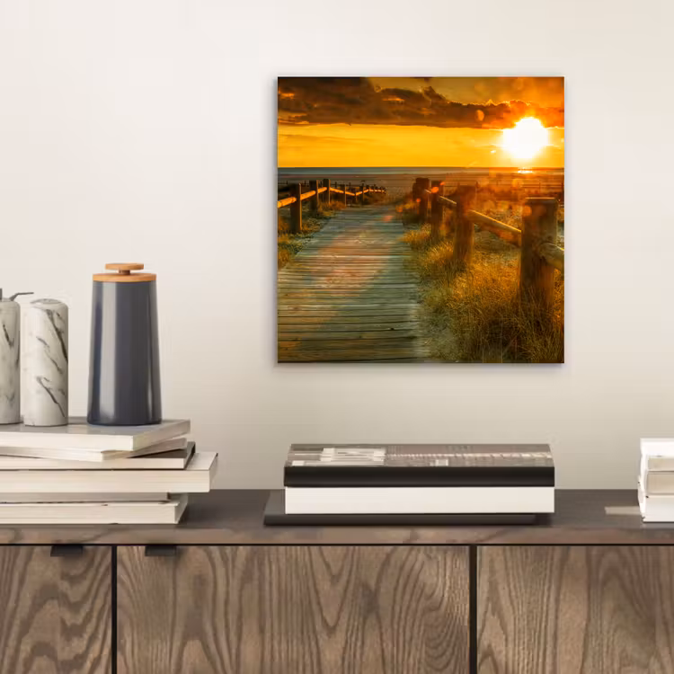 Aluminium schilderij - Zon - Strand - Duin - Horizon - Gras - Pad - Oranje — 2