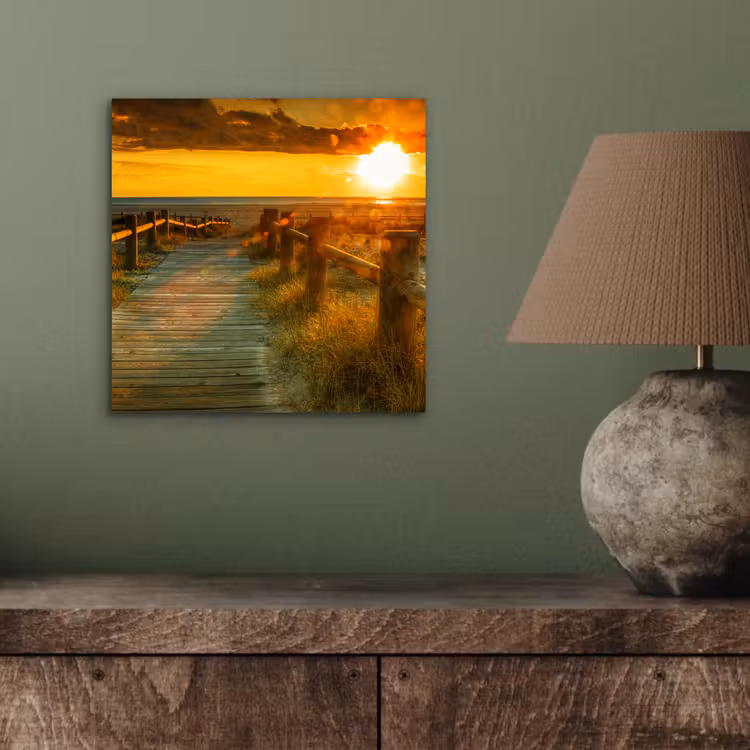 Aluminium schilderij - Zon - Strand - Duin - Horizon - Gras - Pad - Oranje — 3