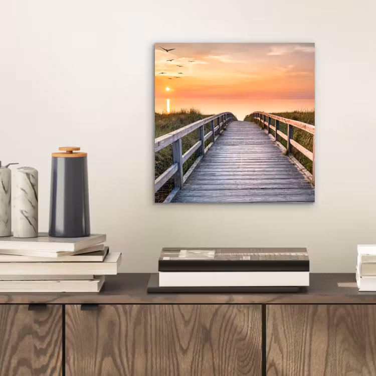 Aluminium schilderij - Zonsonderang - Zee - Pad - Gras - Duin - Vogels — 2