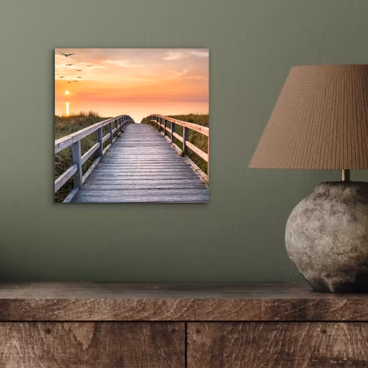 Aluminium schilderij - Zonsonderang - Zee - Pad - Gras - Duin - Vogels — 3