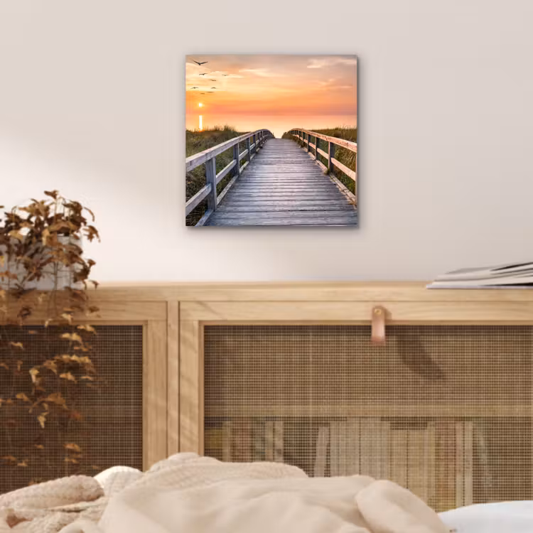 Aluminium schilderij - Zonsonderang - Zee - Pad - Gras - Duin - Vogels — 4
