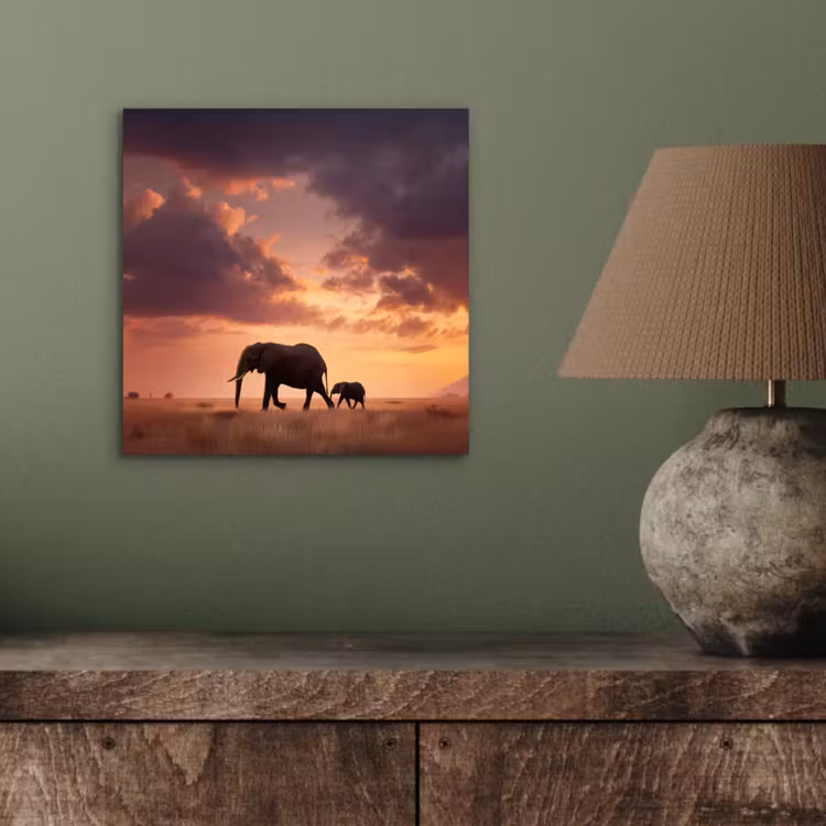 Aluminium schilderij - Olifanten - Grasland - Zonsondergang — 3