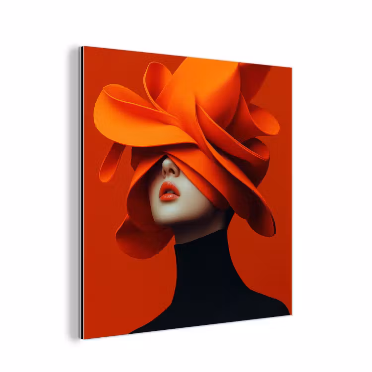Aluminium schilderij - Oranje - Hoed - Vrouw — 1
