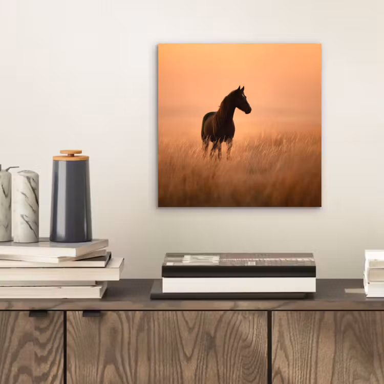 Aluminium schilderij - Paard - Grasveld - Zonsondergang — 2