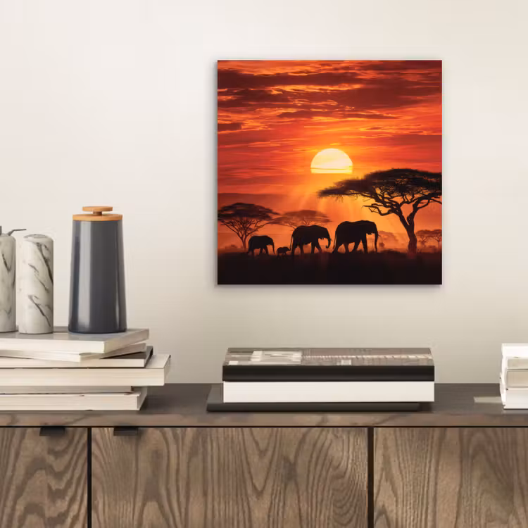 Aluminium schilderij - Savanne - Olifanten - Zonsondergang — 2