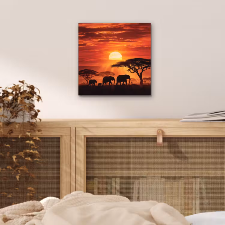 Aluminium schilderij - Savanne - Olifanten - Zonsondergang — 4
