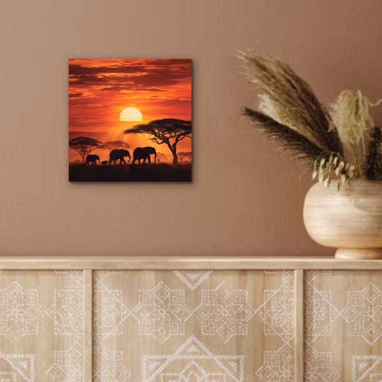 Aluminium schilderij - Savanne - Olifanten - Zonsondergang — 5