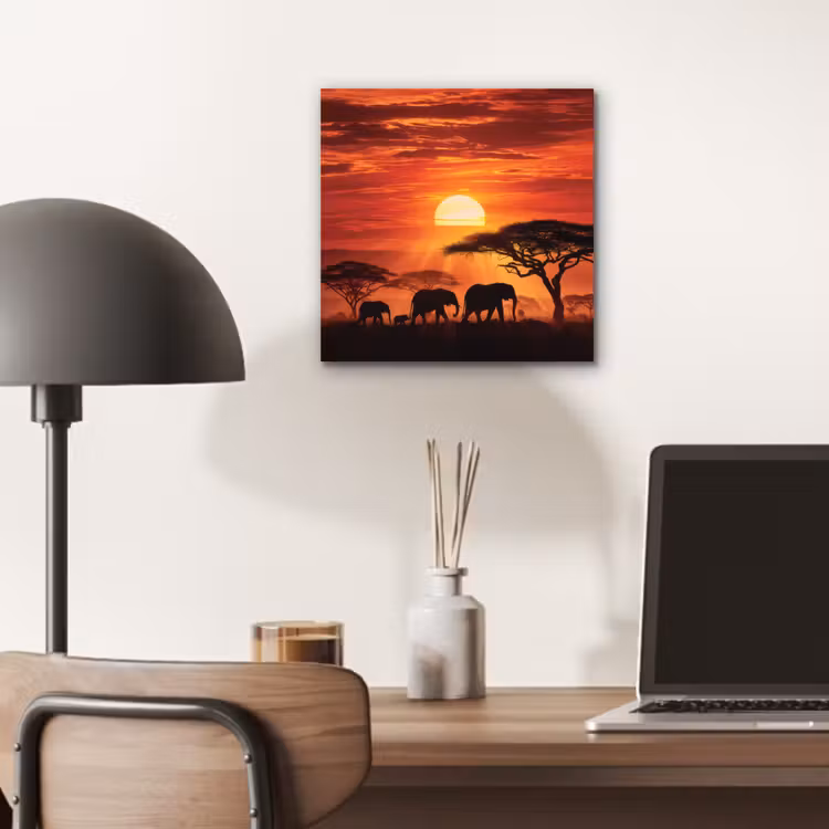 Aluminium schilderij - Savanne - Olifanten - Zonsondergang — 6