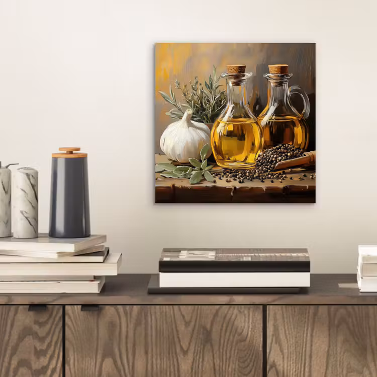 Aluminium schilderij - Stilleven - Olijfolie - Knoflook - Kruiden — 2