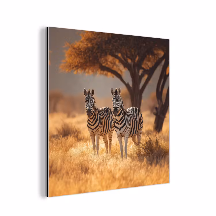 Aluminium schilderij - Zebra's - Savannelandschap - Gras — 1