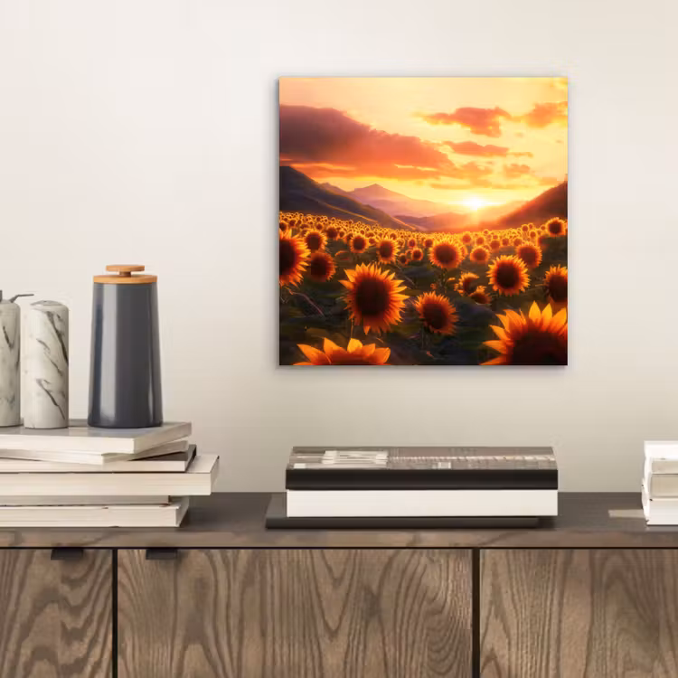 Aluminium schilderij - Zonnebloemen - Zonsondergang - Landschap — 2