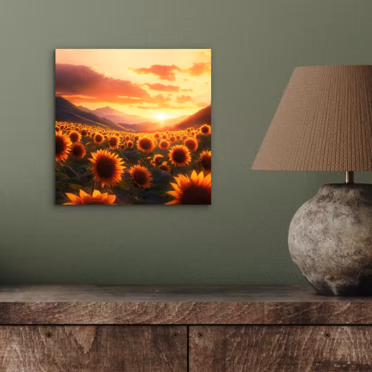 Aluminium schilderij - Zonnebloemen - Zonsondergang - Landschap — 3