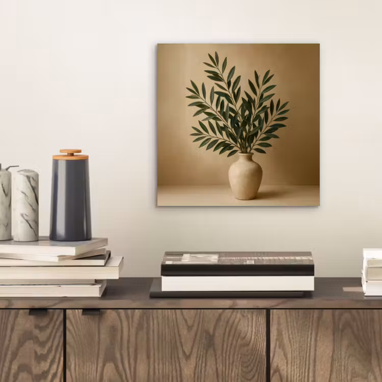 Aluminium schilderij - Vaas - Olijftakken - Bladeren - Beige — 2