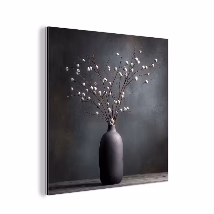 Aluminium schilderij - Takken - Vaas - Bolletjes - Wit — 1