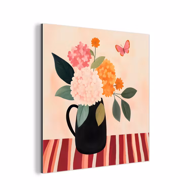 Aluminium schilderij - Vaas - Bloemen - Vlinder - Rood — 1