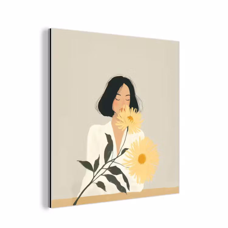 Aluminium schilderij - Vrouw - Bloem - Geel - Minimalistisch — 1