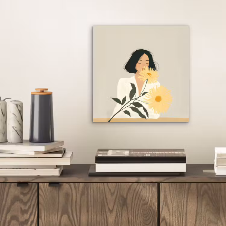 Aluminium schilderij - Vrouw - Bloem - Geel - Minimalistisch — 2