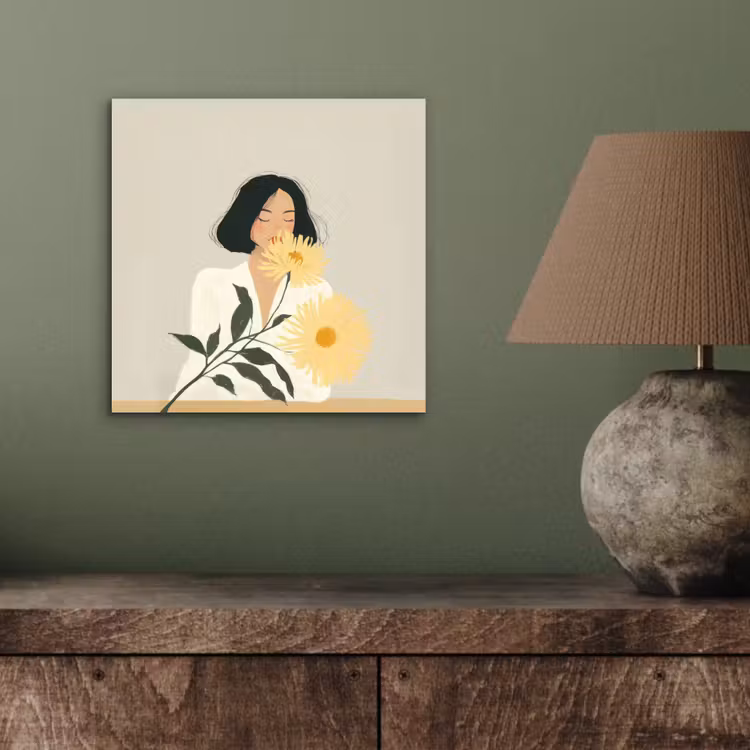 Aluminium schilderij - Vrouw - Bloem - Geel - Minimalistisch — 3