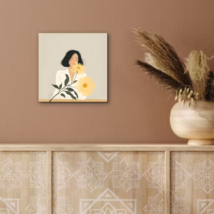 Aluminium schilderij - Vrouw - Bloem - Geel - Minimalistisch — 5