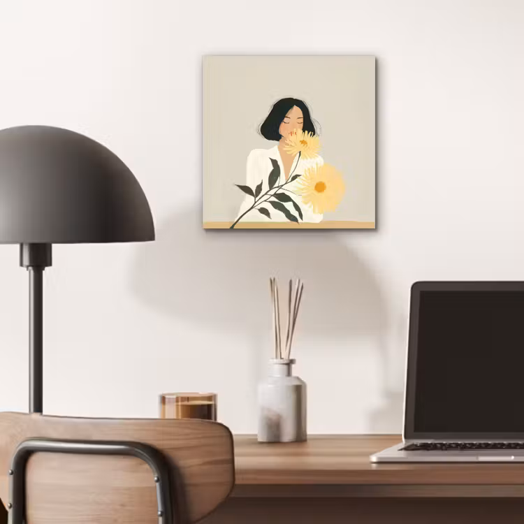 Aluminium schilderij - Vrouw - Bloem - Geel - Minimalistisch — 6