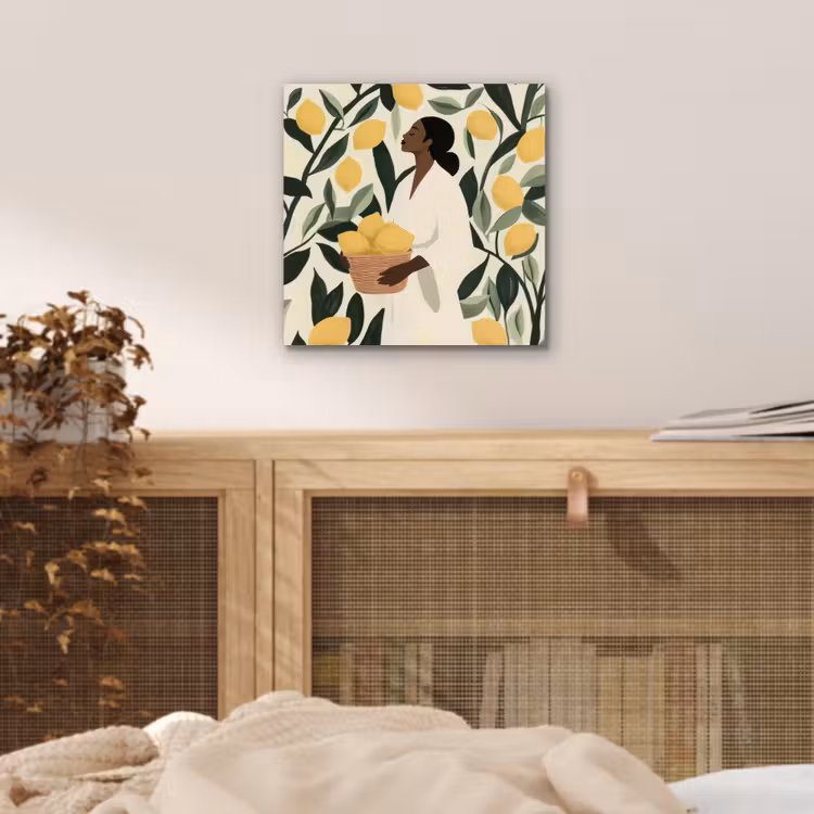 Aluminium schilderij - Vrouw - Mand - Citroenen - Bladeren — 4