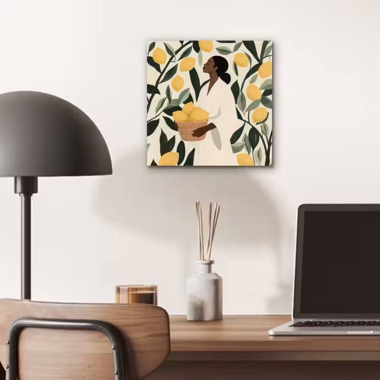 Aluminium schilderij - Vrouw - Mand - Citroenen - Bladeren — 6