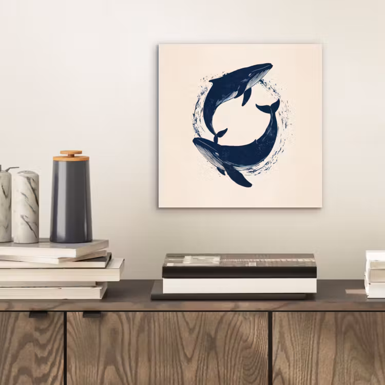 Aluminium schilderij - Walvissen - Spetters - Cirkel - Donkerblauw — 2
