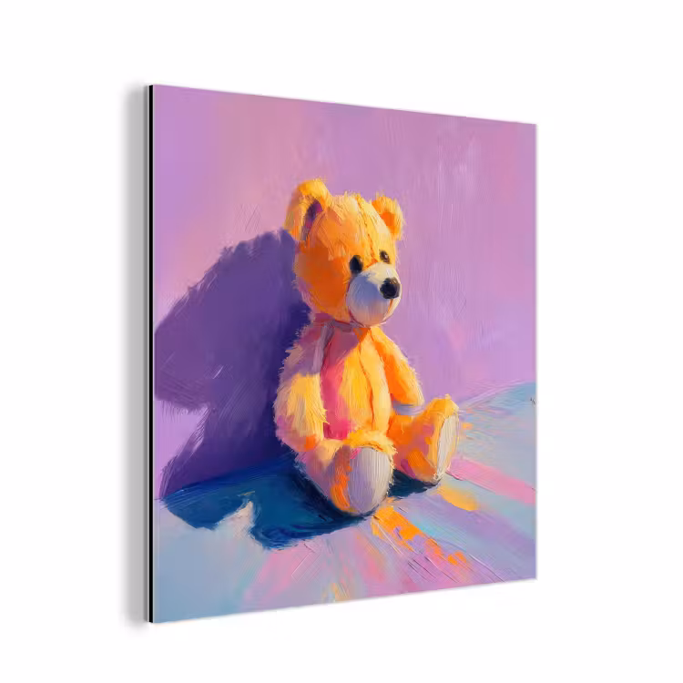 Aluminium schilderij - Teddybeer - Schaduw - Penseelstreken - Paars — 1