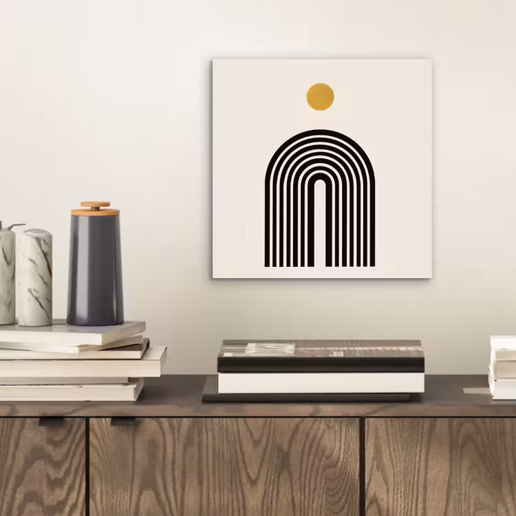 Aluminium schilderij - Minimalistisch - Zwarte boog - Gouden cirkel — 2