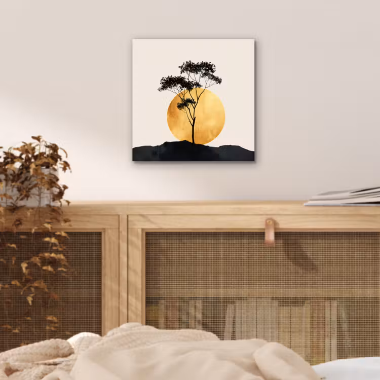 Aluminium schilderij - Zwarte boom - Gouden cirkel - Heuvel — 4