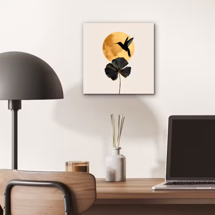 Aluminium schilderij - Zwarte kolibrie - Bloem - Gouden cirkel — 6