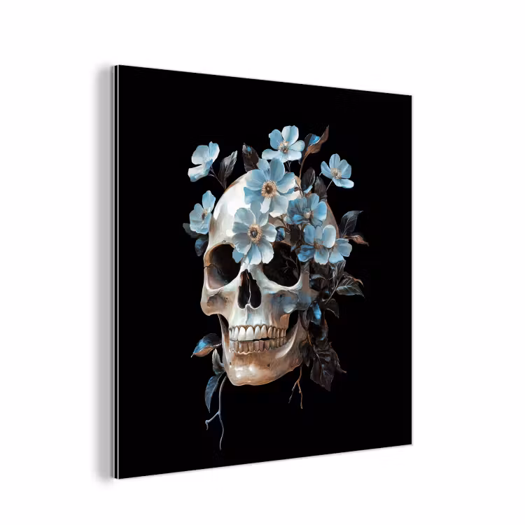 Aluminium schilderij - Schedel - Blauw - Bloemen - Bladeren — 1
