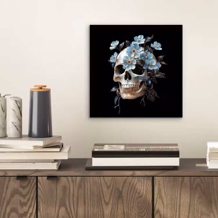 Aluminium schilderij - Schedel - Blauw - Bloemen - Bladeren — 2