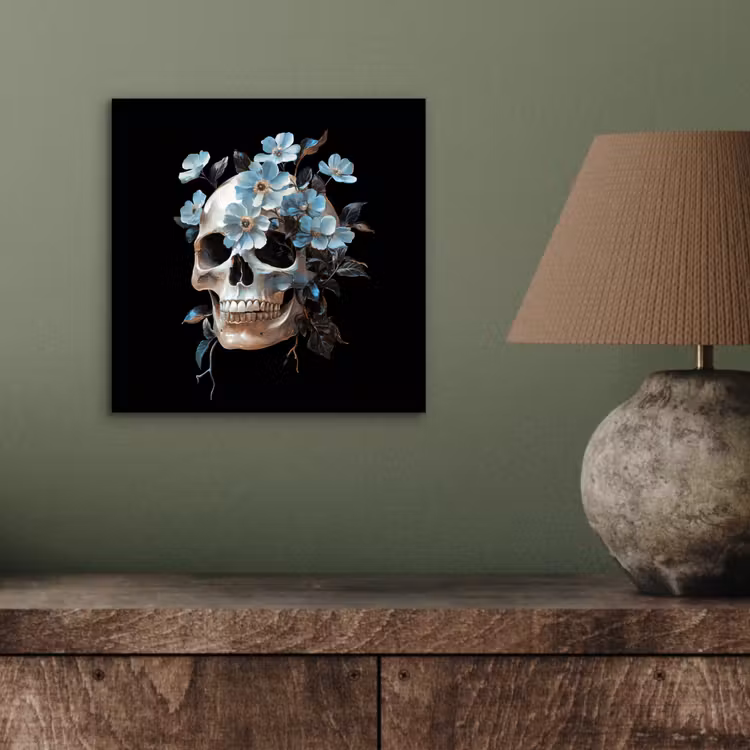 Aluminium schilderij - Schedel - Blauw - Bloemen - Bladeren — 3