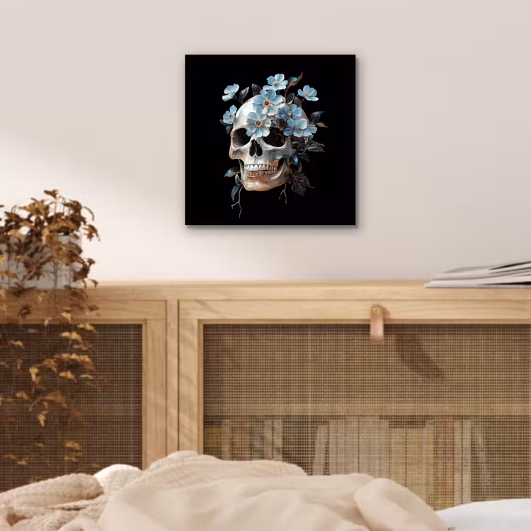 Aluminium schilderij - Schedel - Blauw - Bloemen - Bladeren — 4