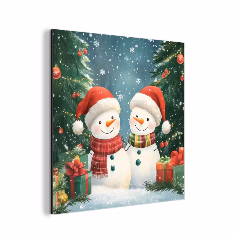 Aluminium schilderij - Sneeuwpop - Kerstsneeuw - Groen - Rood — 1