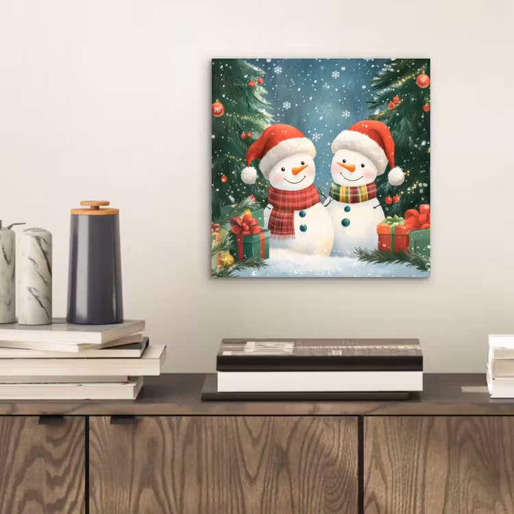 Aluminium schilderij - Sneeuwpop - Kerstsneeuw - Groen - Rood — 2