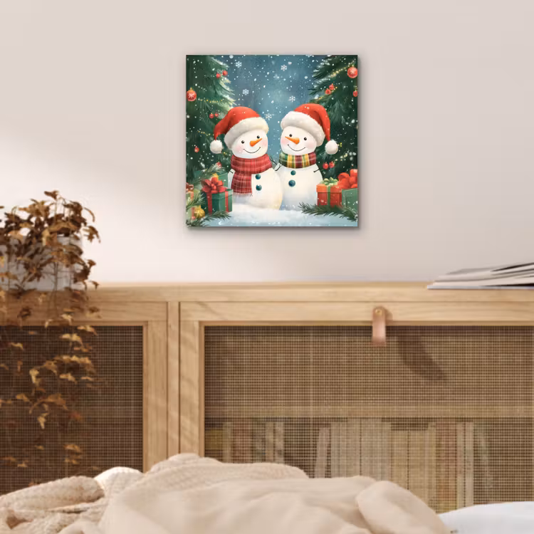 Aluminium schilderij - Sneeuwpop - Kerstsneeuw - Groen - Rood — 4