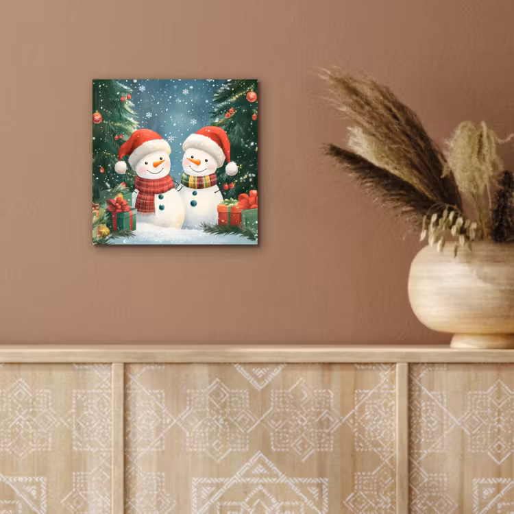 Aluminium schilderij - Sneeuwpop - Kerstsneeuw - Groen - Rood — 5