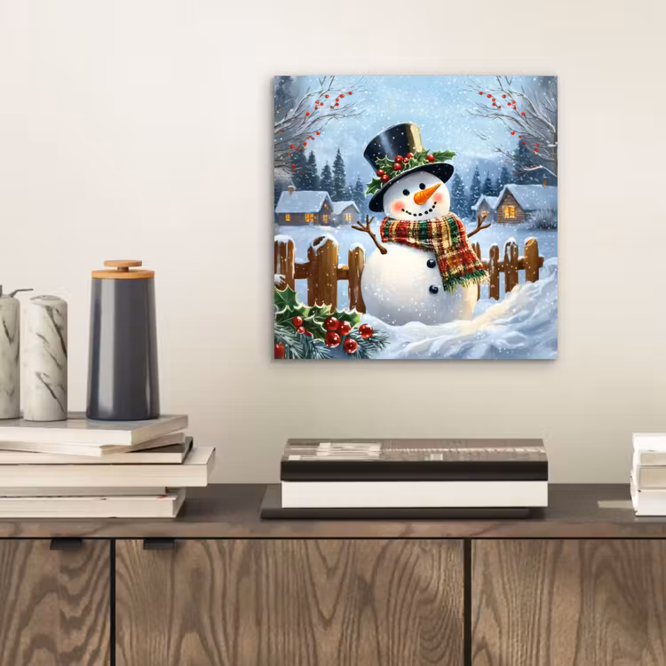 Aluminium schilderij - Sneeuwpop - Winterdorp - Kleurrijk — 2