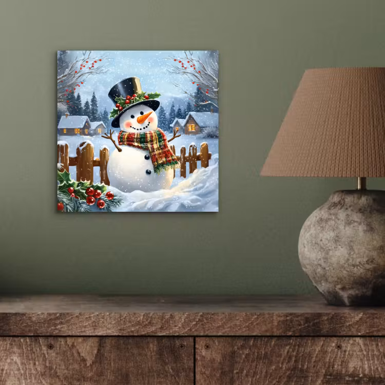 Aluminium schilderij - Sneeuwpop - Winterdorp - Kleurrijk — 3