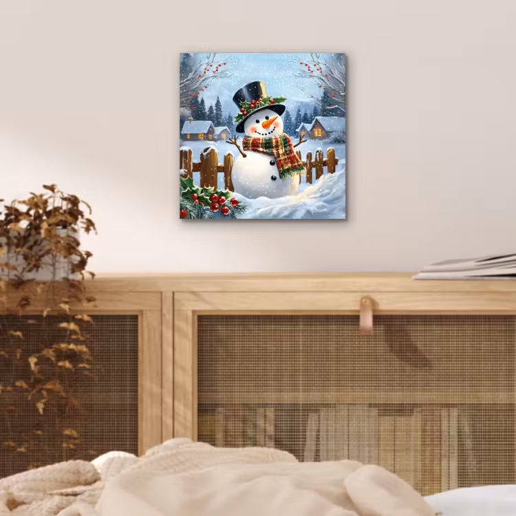 Aluminium schilderij - Sneeuwpop - Winterdorp - Kleurrijk — 4